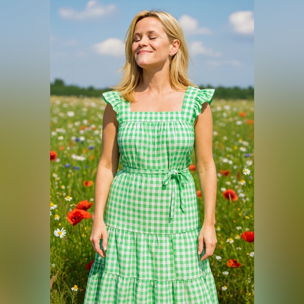 Draper James Green Gingham Midi Dress - Picture 2 of 16